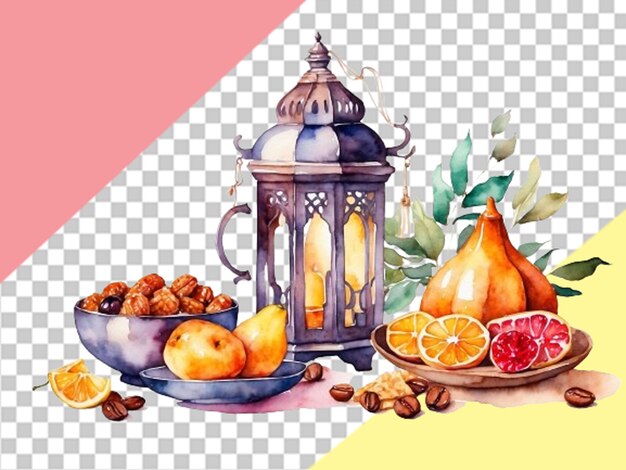 PSD water color orientals ramadan lantern and attar food background