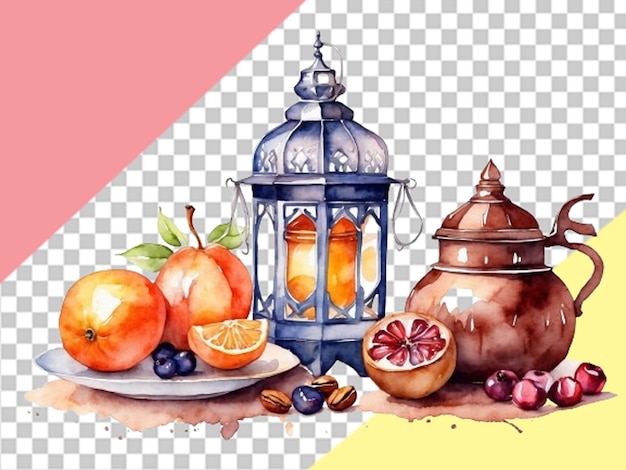 Water color orientals ramadan lantern and attar food background