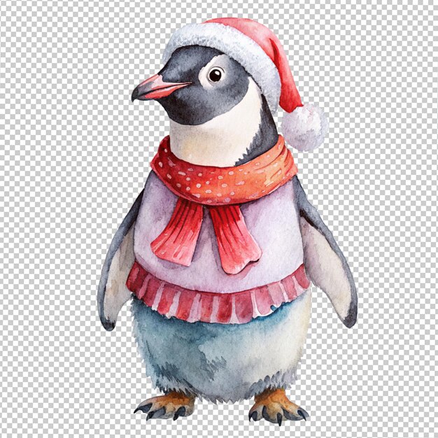 PSD water color of a penguin wearing christmas cloth on transparent background