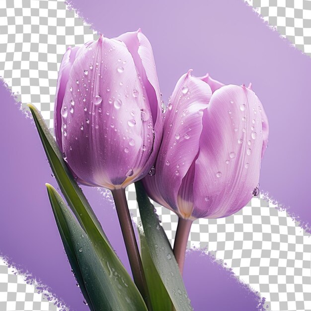 Water droplets on transparent background adorn purple terry tulips