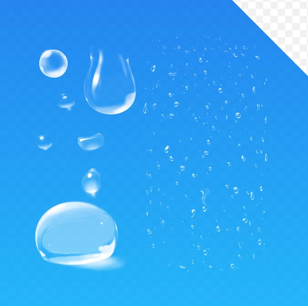 капли воды пузырь дождя или капля жидкости, установленные на прозрачном фоне