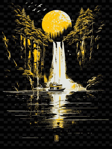 PSD a water fall with a yellow moon and a waterfall in the background