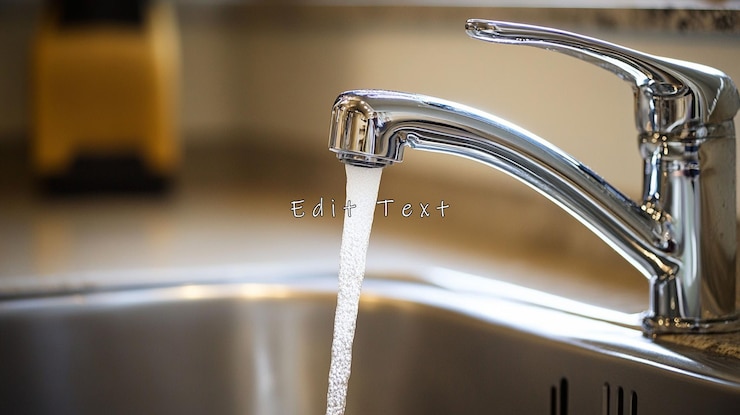 PSD water flowing from a chrome kitchen faucet into a stainless steel sink