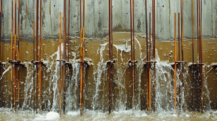 PSD water flowing through metal rods and concrete wall
