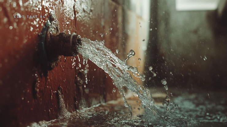 PSD water gushing from a pipe splashing onto the ground