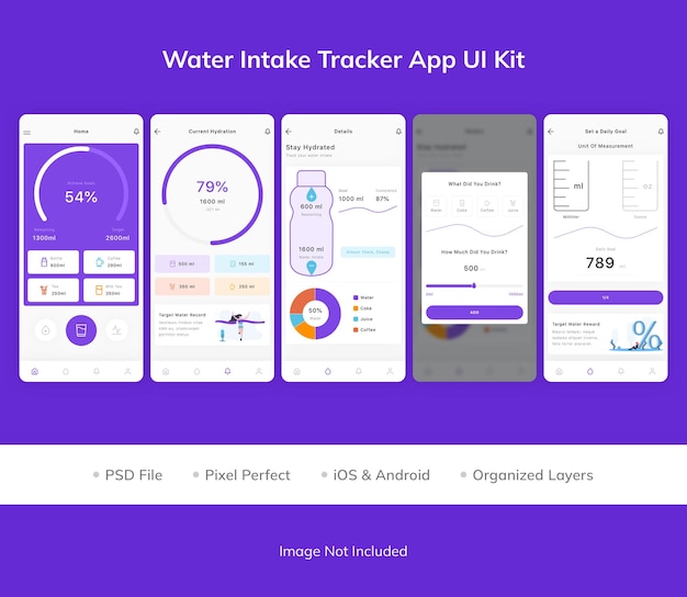 PSD kit dell'interfaccia utente dell'app tracker per l'assunzione di acqua