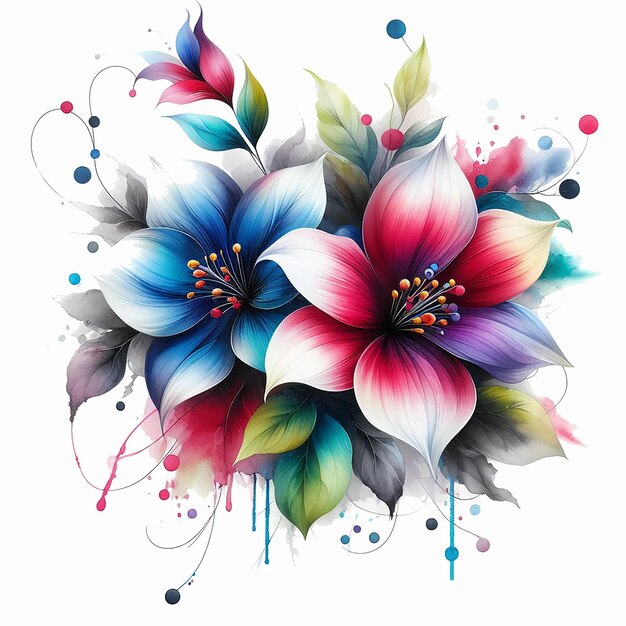 PSD water paint flower design and flower background in transparent