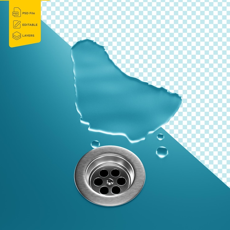 PSD water shaped of barbados map on a stainless steel surface draining into a drain 3d illustration