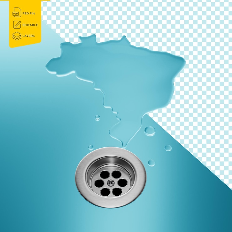 PSD water shaped of brazil map on a stainless steel surface draining into a drain 3d illustration