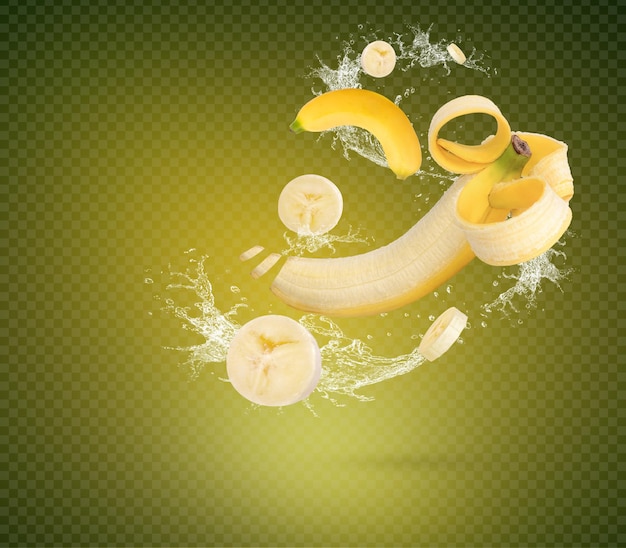 PSD water splash on bananas isolated on green background premium psd