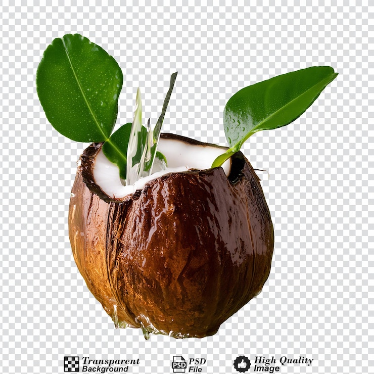 PSD water splash on coconut with bergamot leaves isolated on transparent background
