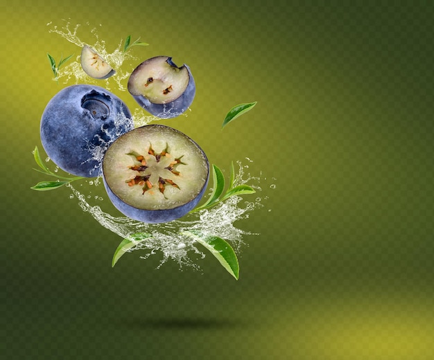 Water splash on fresh blueberry and leaves isolated on green background premium psd