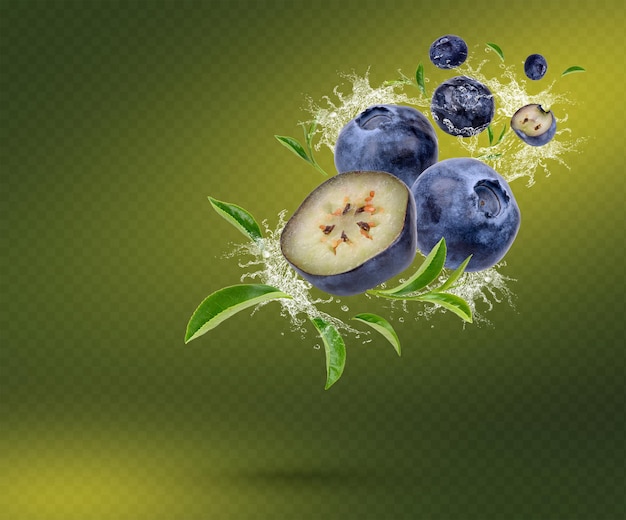 PSD water splash on fresh blueberry and tea leaves isolated on green background premium psd