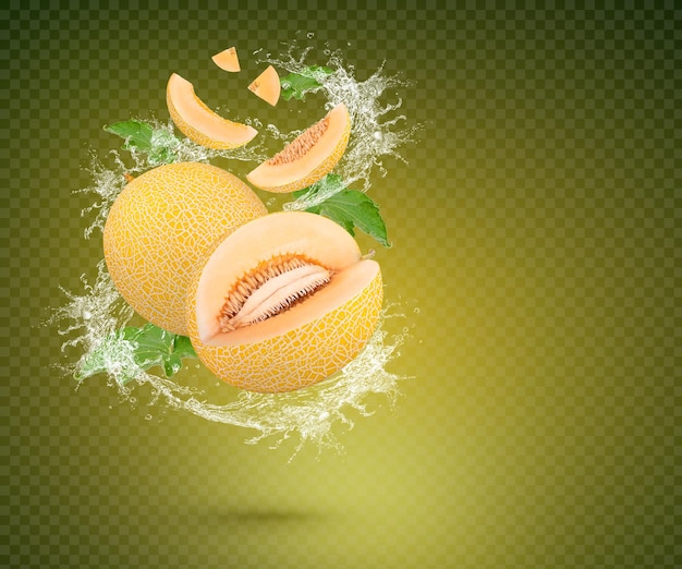 Water splash on fresh cantaloupe with leaves isolated on green background premium psd