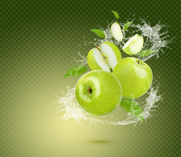 Water splash on fresh green apple with leaves isolated