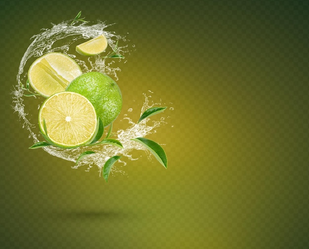 PSD water splash on fresh lemon and tea leaves isolated on green background. premium psd