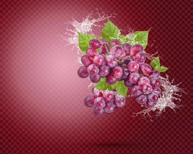 PSD water splash on fresh red grape with leaves isolated on red background. premium psd