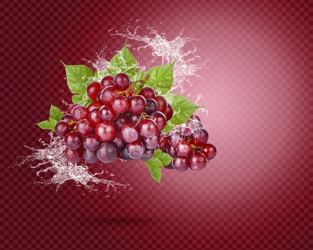 Water splash on fresh red grape with leaves isolated