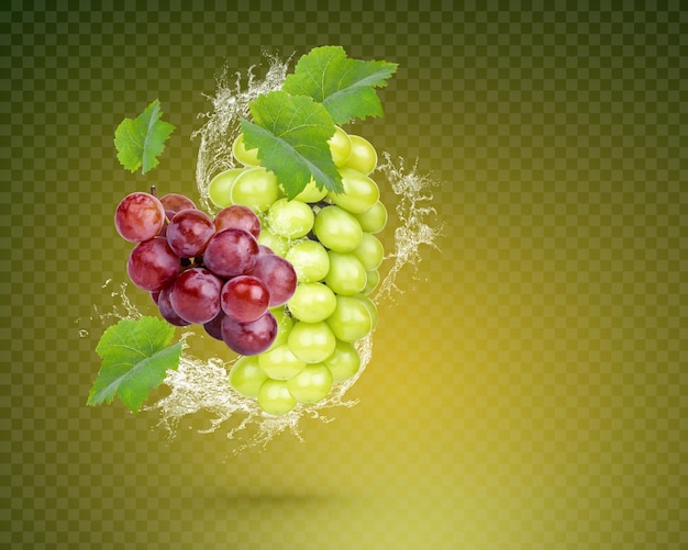 Water splash on fresh grape with leaves isolated on green background Premium PSD
