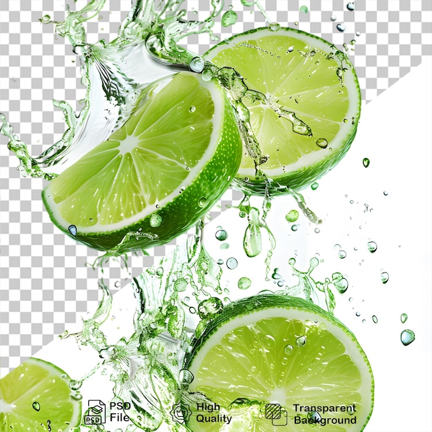 PSD a water splash with limes and limes in it isolated on transparent background