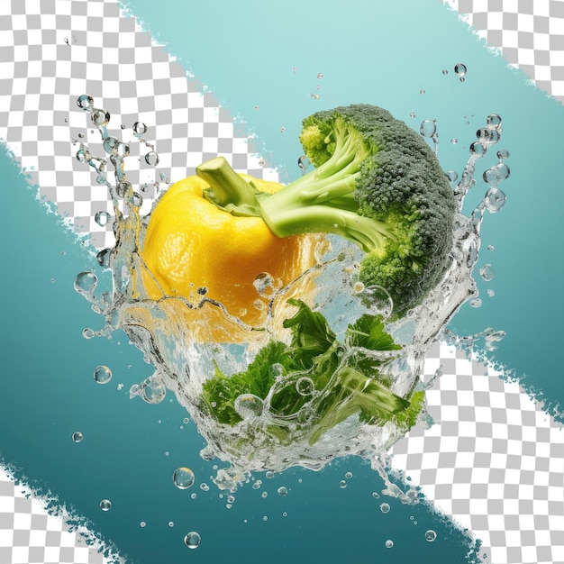 Water splashed on fresh broccoli and yellow capsicum