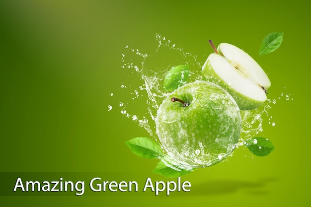 PSD water splashing on fresh green apple on green background