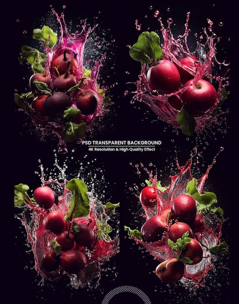 Water splashing on fresh red apple fruit isolated on a transparent background