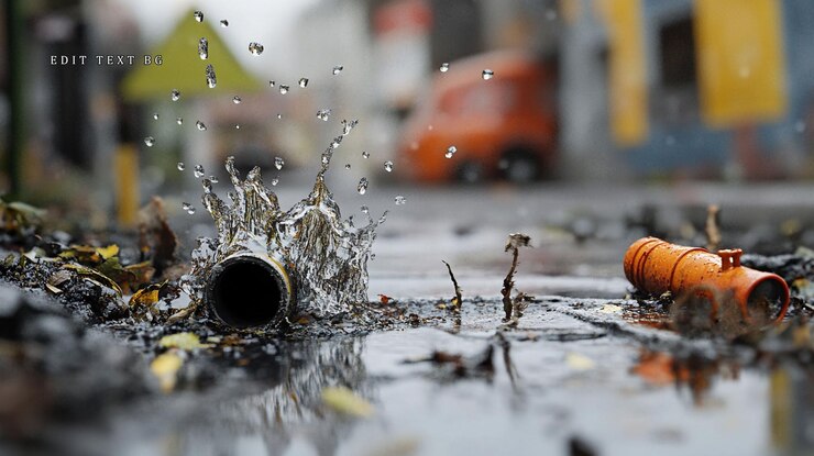PSD water splashing from broken pipe on urban street