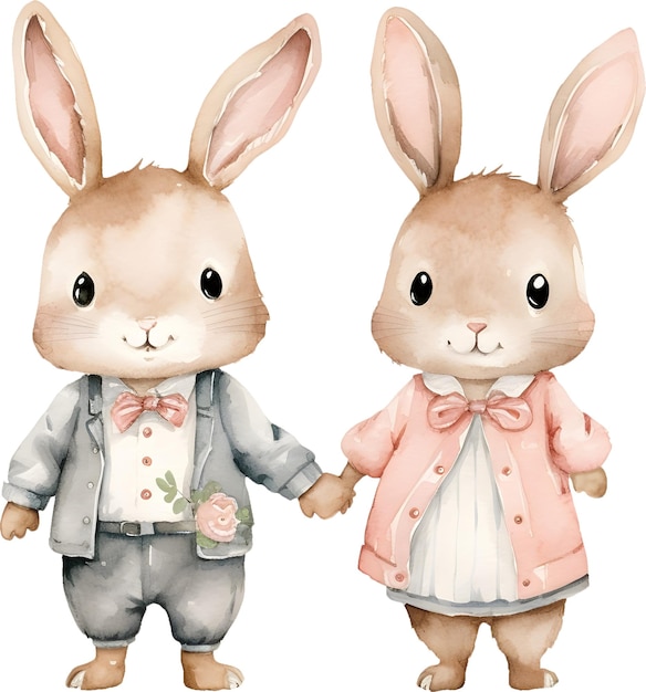 PSD amante della coppia di personaggi di coniglio carino acquerello 2 che si tengono per mano per l'arte di design di san valentino con amore animale