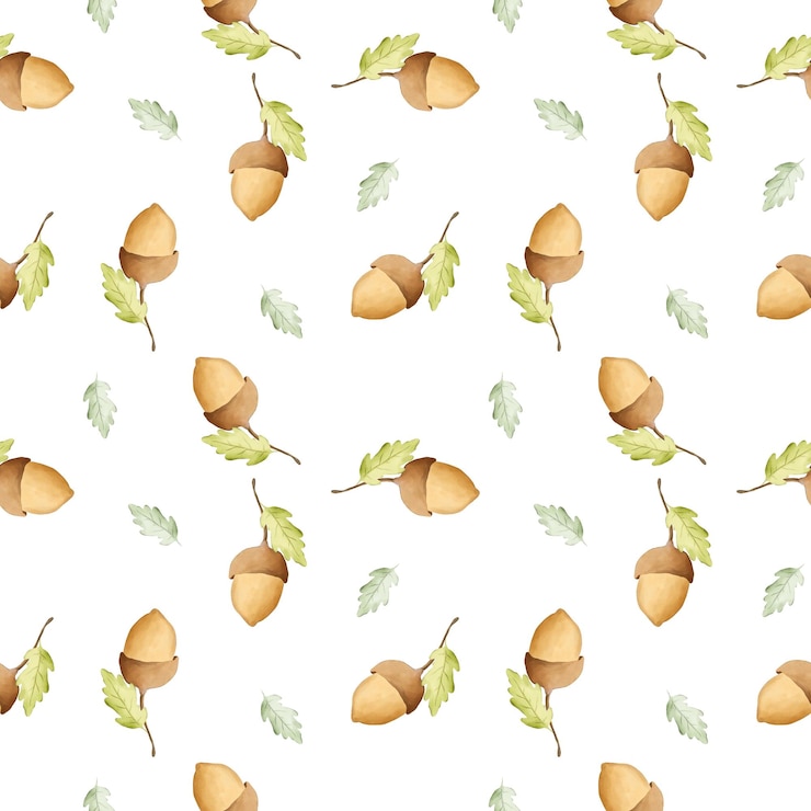 PSD watercolor acorns pattern cute design seamless print fall autumn brown and green leaves wrapping