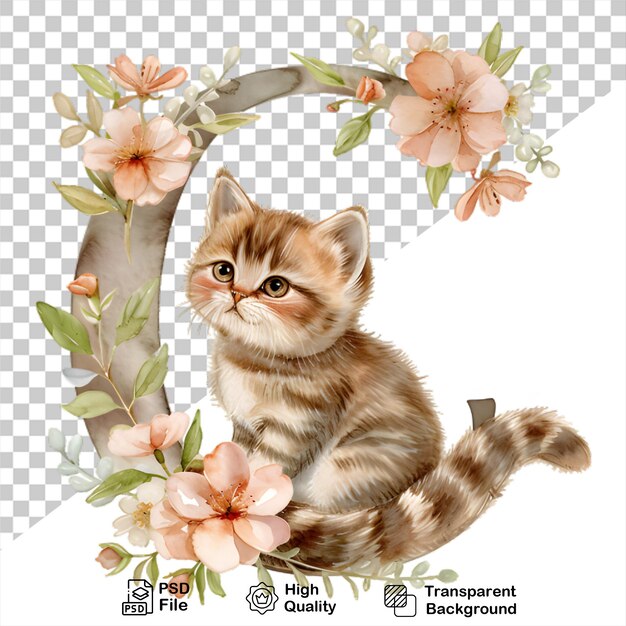 PSD watercolor alphabet letter c cat with flowers isolated on transparent background include png file