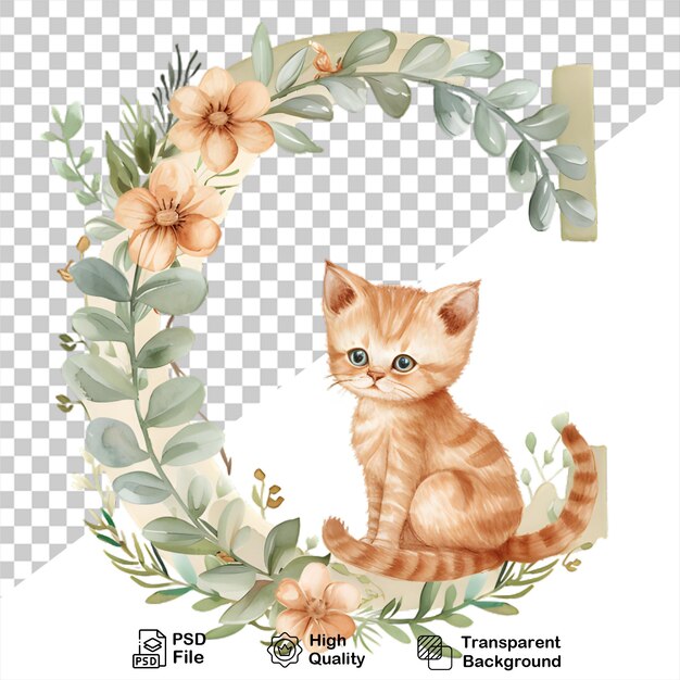 PSD acquerello alfabeto lettera c gatto con fiori isolati su sfondo trasparente include file png