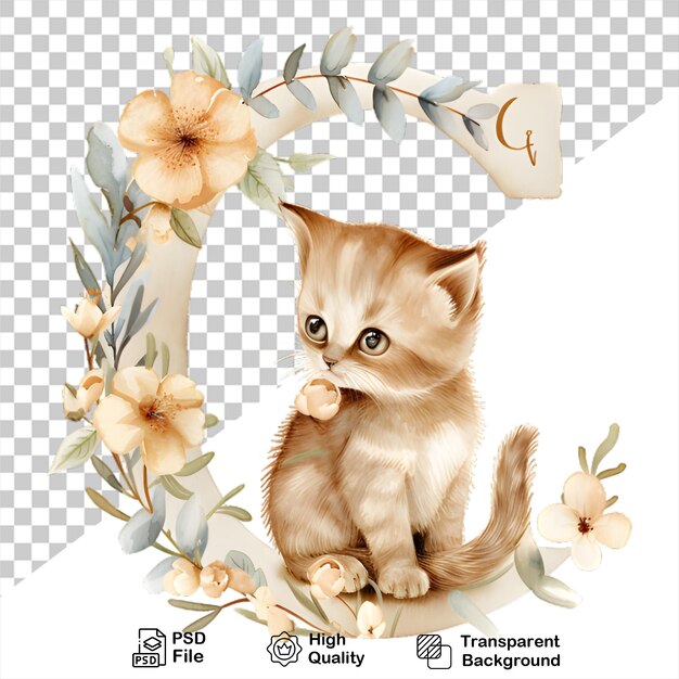 PSD acquerello alfabeto lettera c gatto con fiori isolati su sfondo trasparente include file png