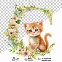 PSD watercolor alphabet letter c cat with flowers isolated on transparent background include png file