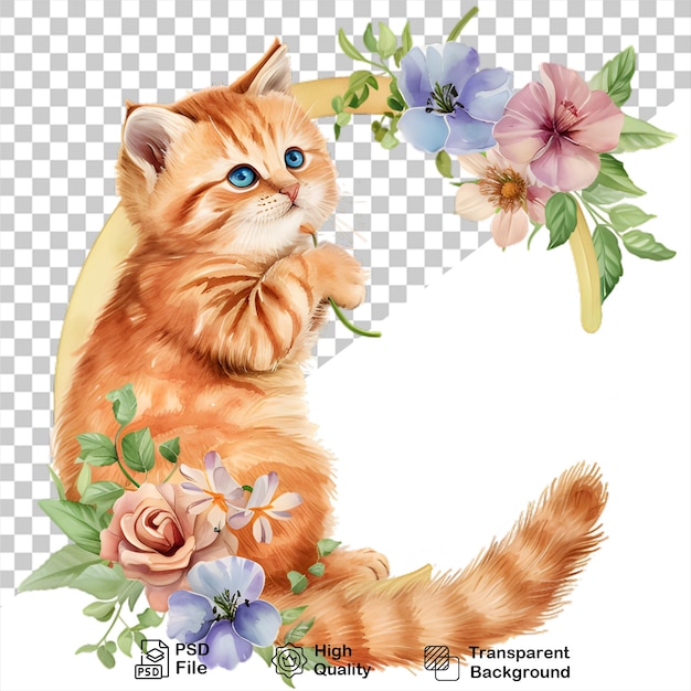 PSD acquerello alfabeto lettera c gatto con fiori isolati su sfondo trasparente include file png