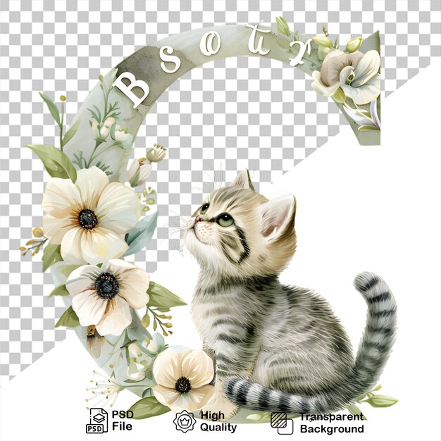 PSD watercolor alphabet letter c cat with flowers isolated on transparent background include png file