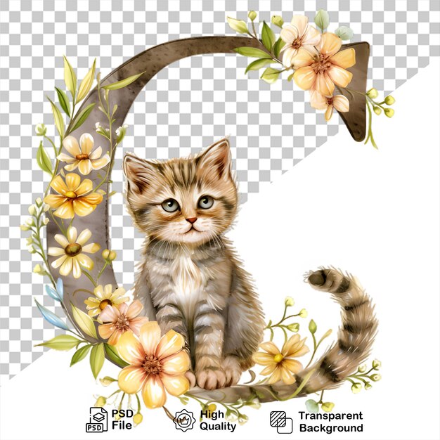 PSD watercolor alphabet letter c cat with flowers isolated on transparent background include png file