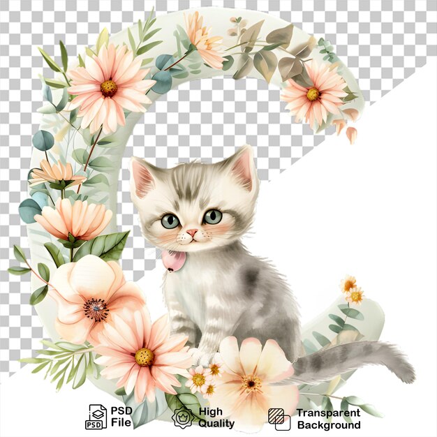 PSD acquerello alfabeto lettera c gatto con fiori isolati su sfondo trasparente include file png