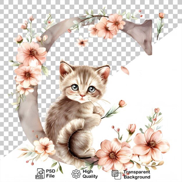 Acquerello alfabeto lettera c gatto con fiori isolati su sfondo trasparente include file png