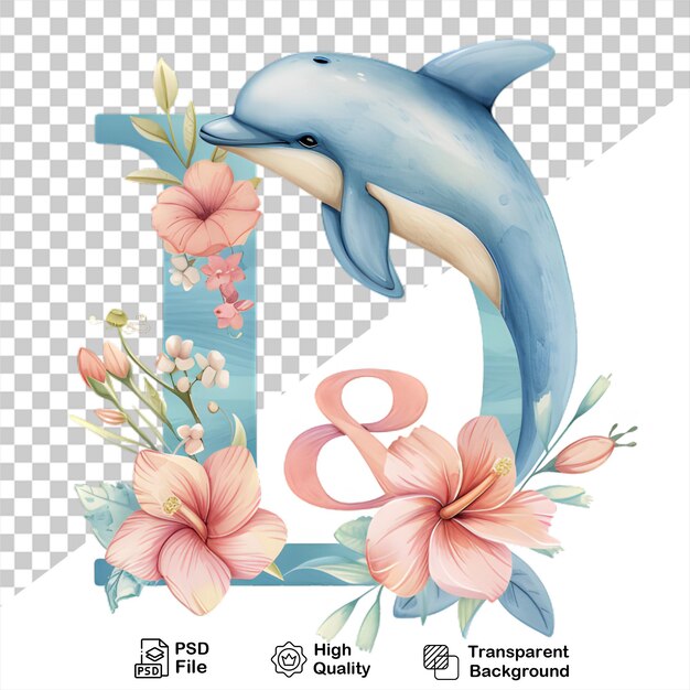 PSD Акварель буква d дельфин с цветами, изолированными на прозрачном фоне