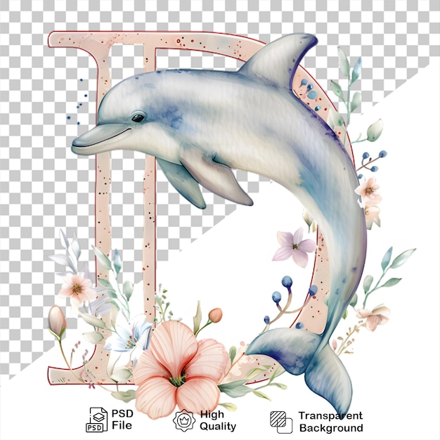 Watercolor alphabet letter d dolphin with flowers isolated on transparent background