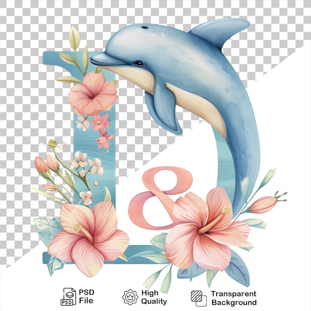 PSD acquerello alfabeto lettera d delfino con fiori isolati su sfondo trasparente
