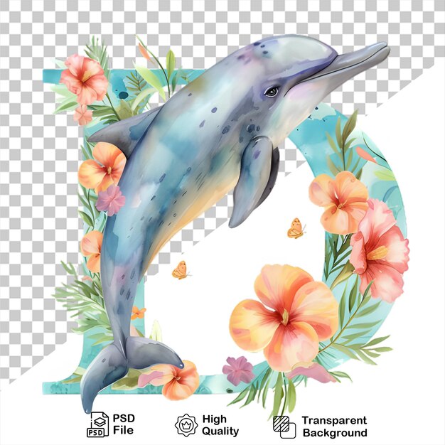 PSD watercolor alphabet letter d dolphin with flowers isolated on transparent background