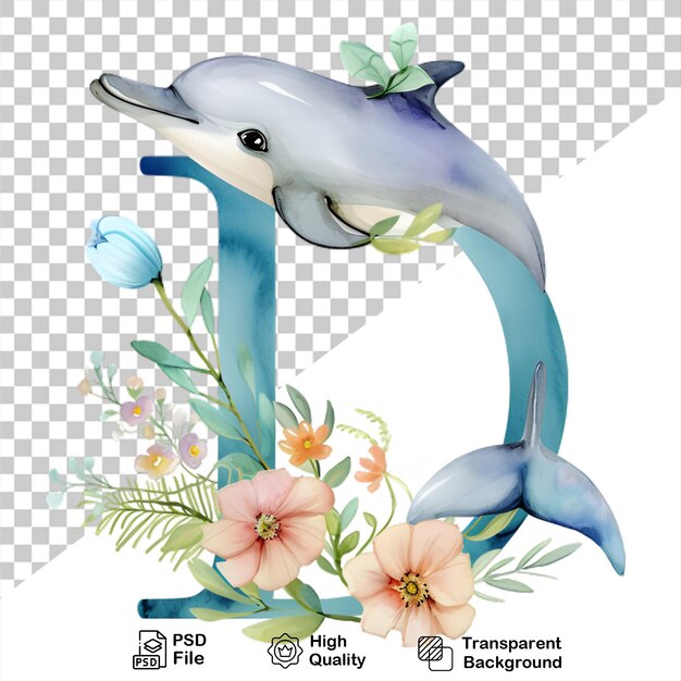 Watercolor alphabet letter d dolphin with flowers isolated on transparent background