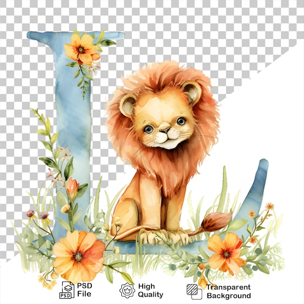 Watercolor alphabet letter l lion with flowers isolated on transparent background