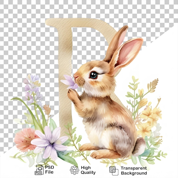 PSD watercolor alphabet letter r rabbit with flowers isolated on transparent background