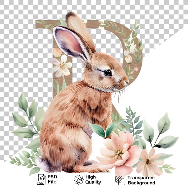 Watercolor alphabet letter r rabbit with flowers isolated on transparent background