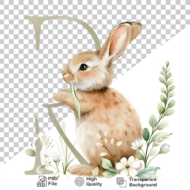 PSD watercolor alphabet letter r rabbit with flowers isolated on transparent background