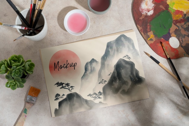 PSD watercolor artistic painting card mock-up design