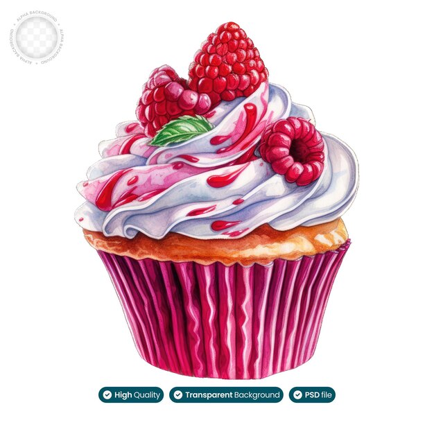 PSD arte dell'acquerello che mostra l'allettante miscela di cupcake e topping ai frutti di bosco